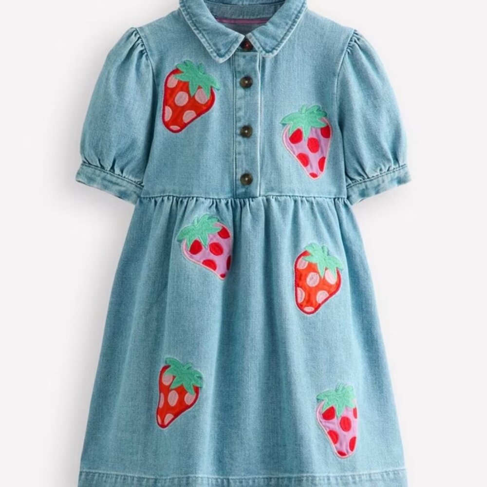 Mini Boden Light Blue Denim Dress with Strawberry Appliqués